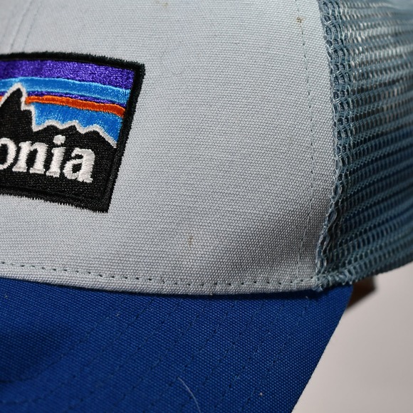 Patagonia Blue Logo Ridge LoPro Snapback Trucker Hat Netplus Recycled Fish Net - Picture 7 of 8